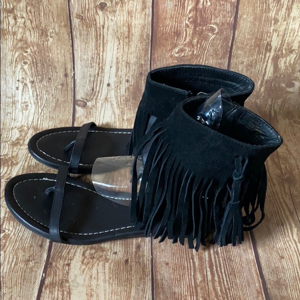 Black Suede Leather Fringe Sandals